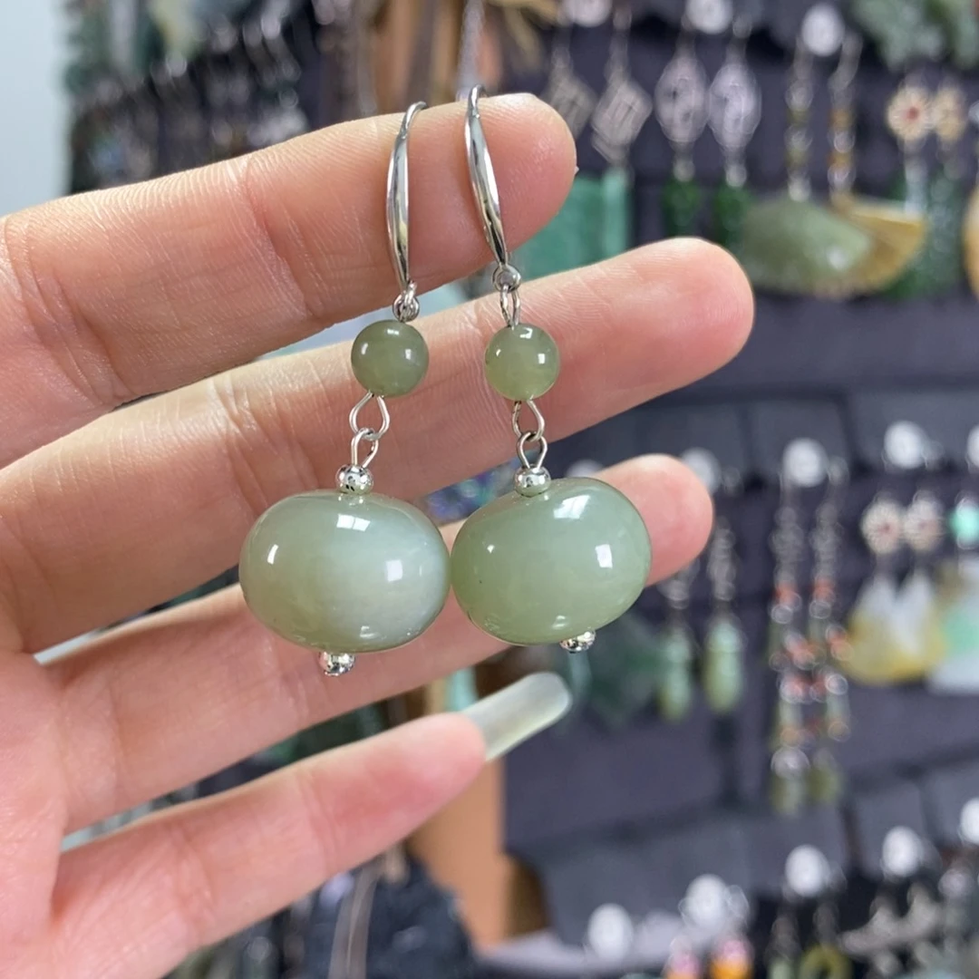 和田玉耳饰银S925镶嵌