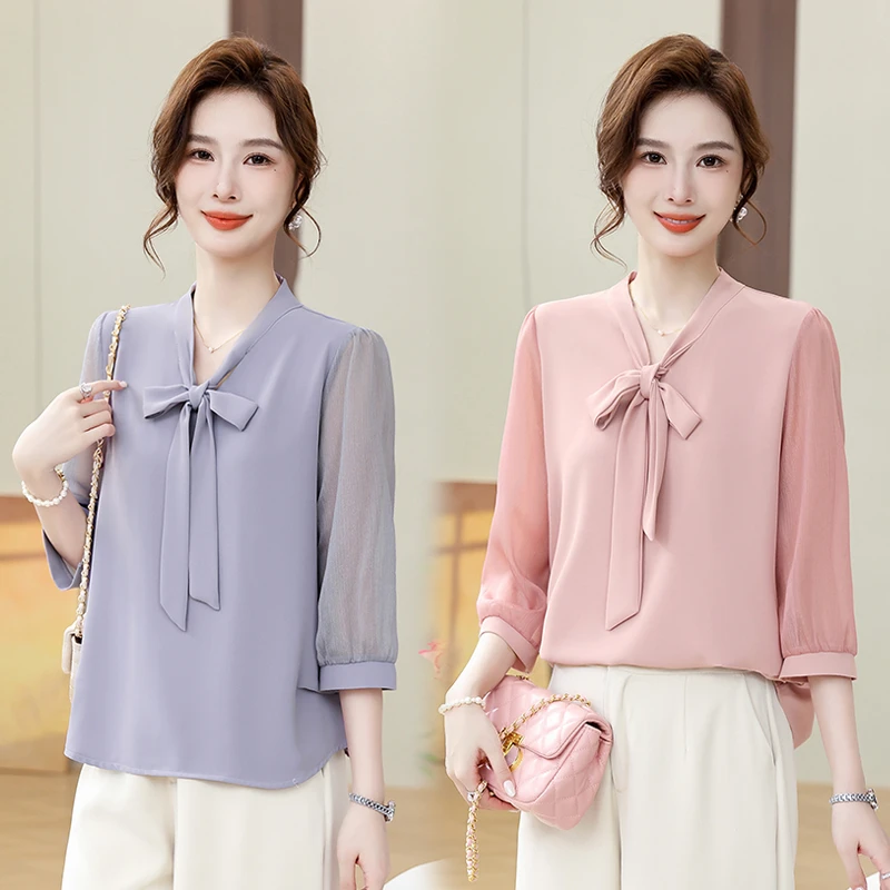 2025新款妈妈夏装时尚雪纺衫减龄上衣中老年女洋气七分袖宽松小衫