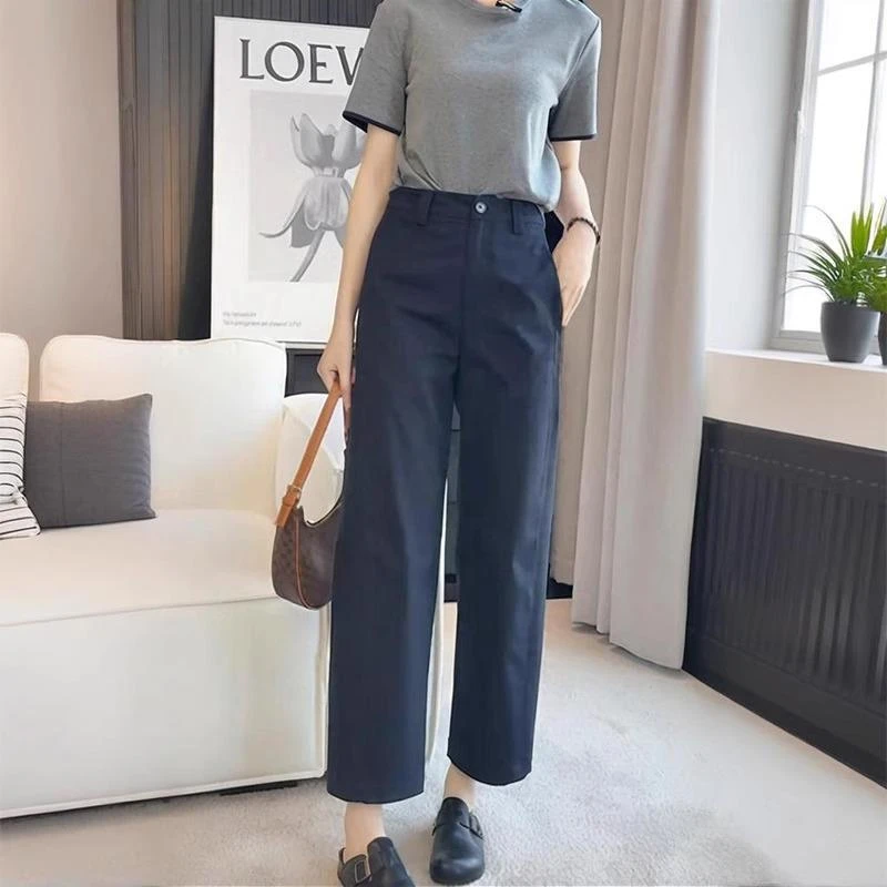 藏青色小个子休闲裤女夏季薄款西装裤胖mm大码高腰显瘦直筒阔腿裤