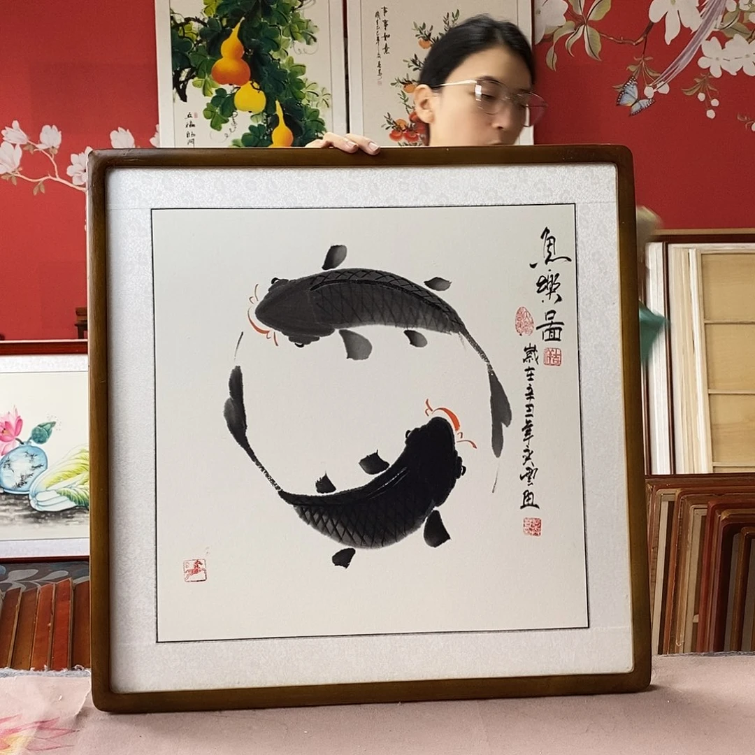 国画手写手绘国画作品带框包邮62✖️62
