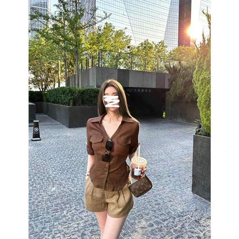 晨领【原版品质】正肩收腰中袖衬衫女辣妹风后背绑带收腰POLO领上