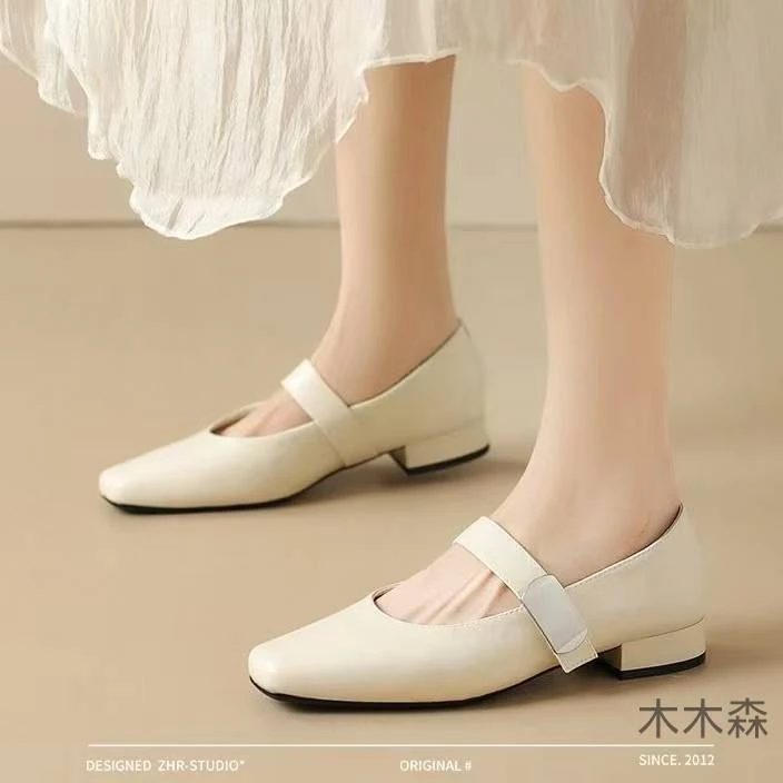 2025春季新款软底软面低跟方头浅口单鞋舒适百搭时尚法式复古女鞋