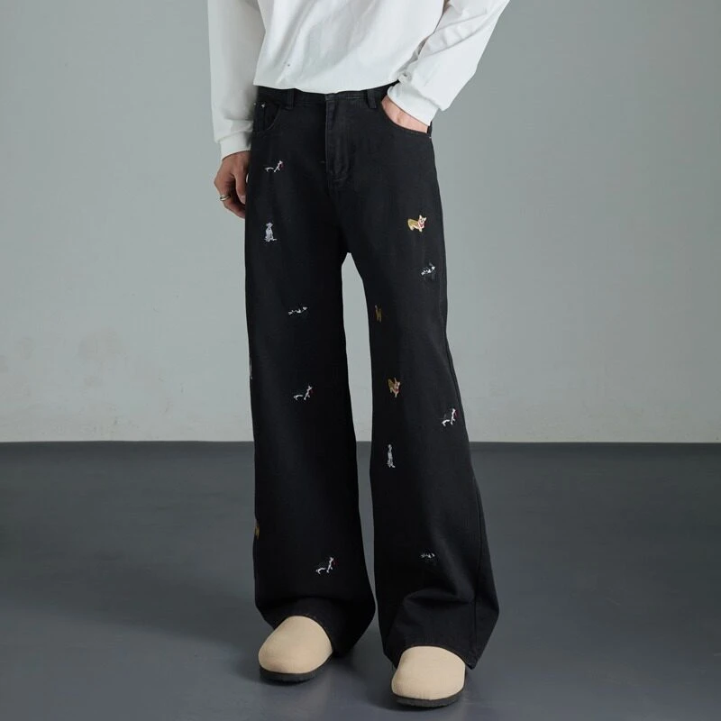 高品质小狗刺绣牛仔裤男款春季水洗做旧微喇裤子宽松显瘦直筒裤
