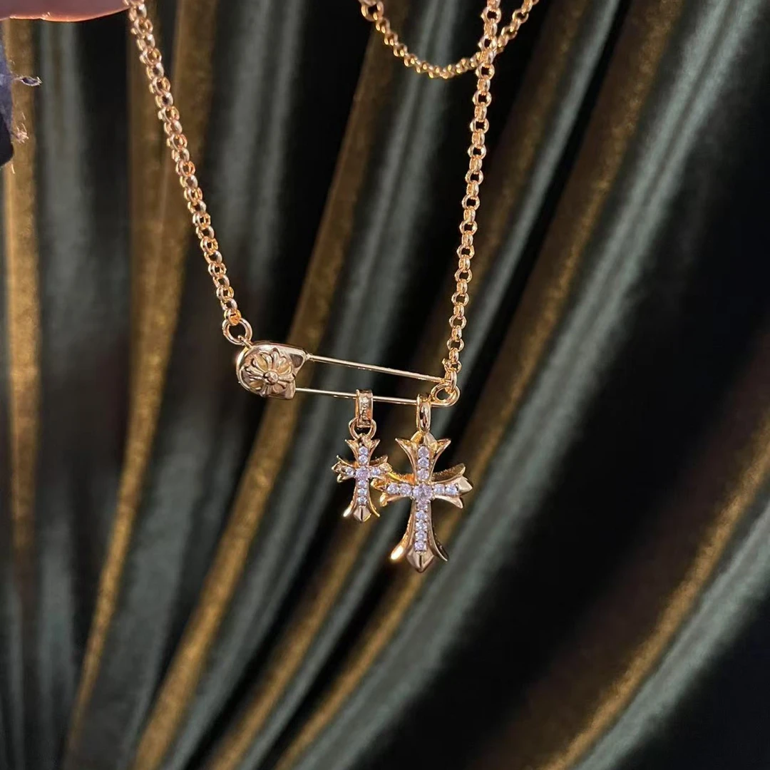 铜合金合成锆石项链 【别针双十字】架男女潮流高级感吊坠小众X