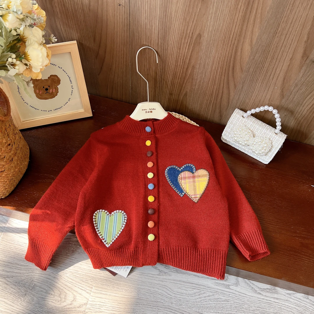 【不加绒 加厚】5381（红色） 女童洋气百搭款 爱心贴布开衫毛衣