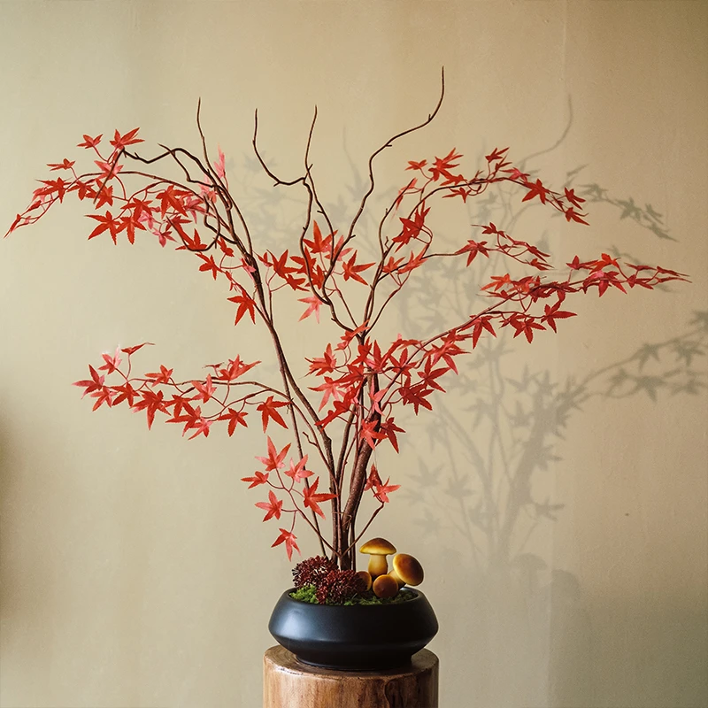 海虹景品纳福红枫盆景高端轻奢仿真绿植造景茶室玄关中式禅意摆件