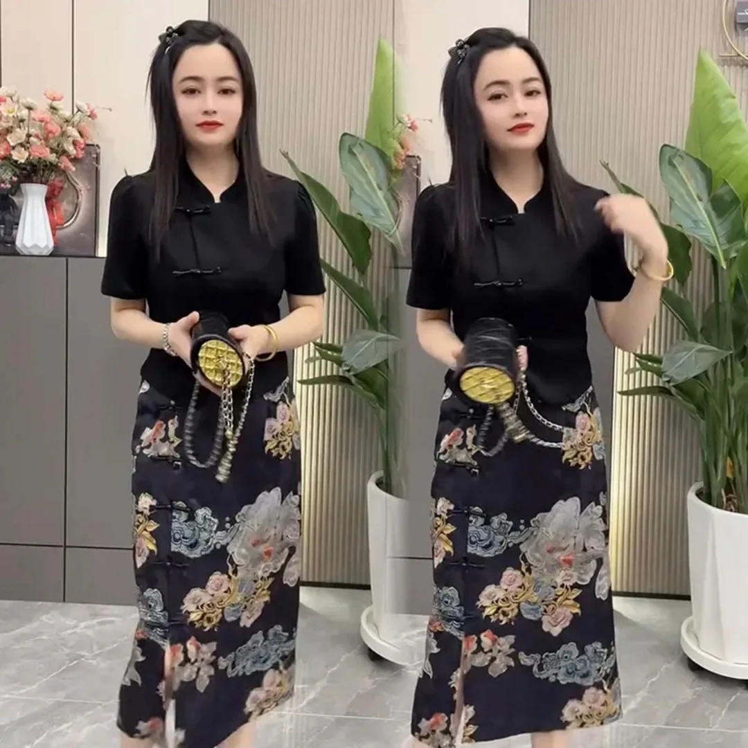 （现货现发）夏季时尚百搭修身国风盘扣短袖上衣搭配开叉半身裙