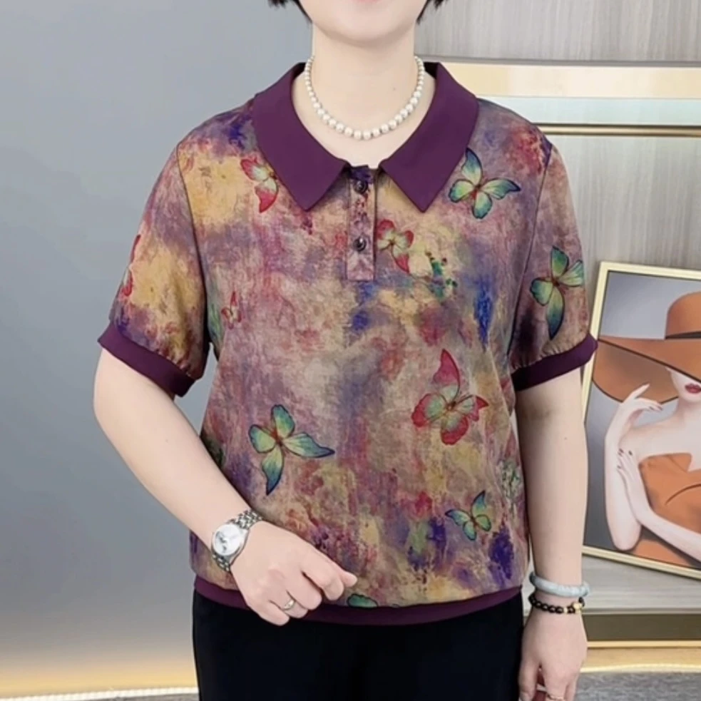 夏季新款时尚娃娃领中老年气质妈妈装宽松休闲百搭短袖上衣H5727