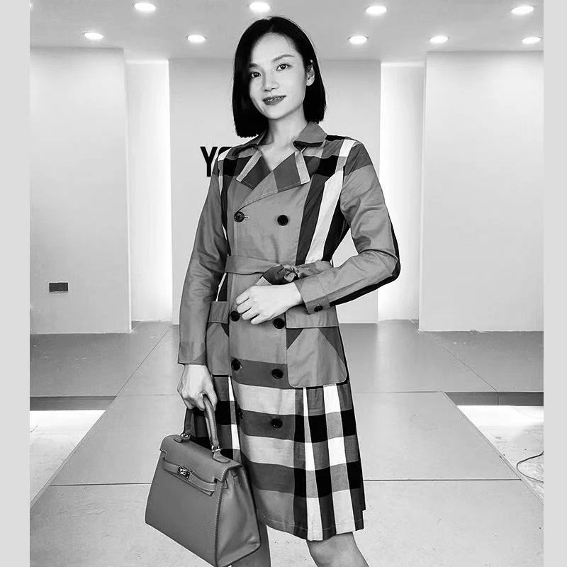 外套新款英伦设计感气质双排扣修身时尚韩版风衣女中长款-7101