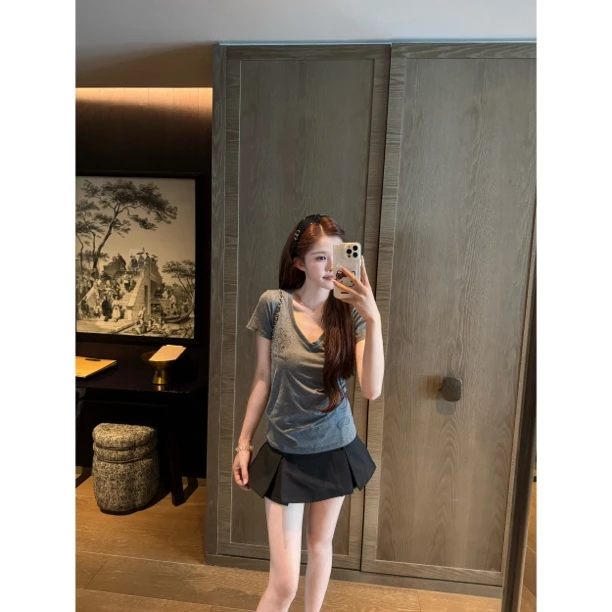 【Cikky定制】螺纹褶皱T恤短袖高腰套装性感风时尚辣妹风休闲短裙
