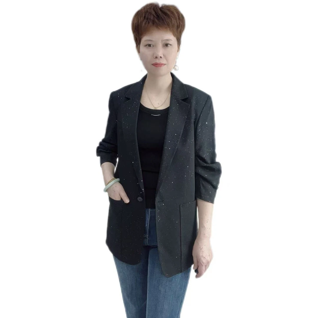 春款休闲褶皱袖一粒扣烫钻小西服外套