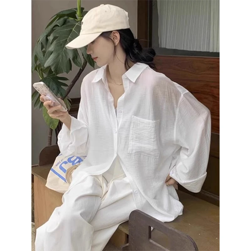 法式白色防晒衬衫外套女夏季薄款宽松慵懒风外搭开衫长袖衬衣