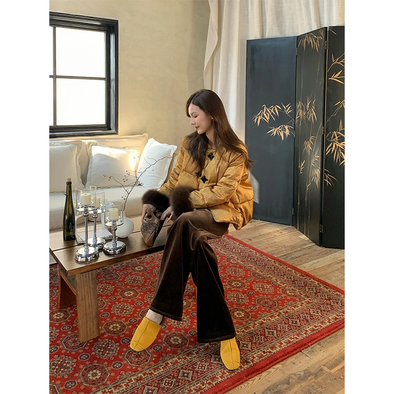 QC芝芝【南枝雪】冬季女新中式狐狸毛袖口古典盘扣白鸭绒羽绒服