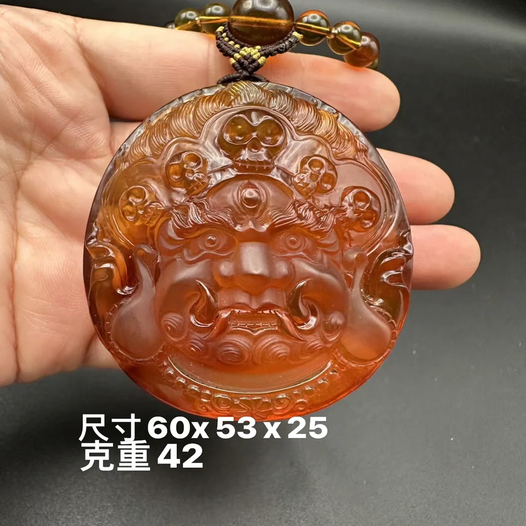 缅甸天然琥珀金棕红精工雕刻大黑天吊坠挂件