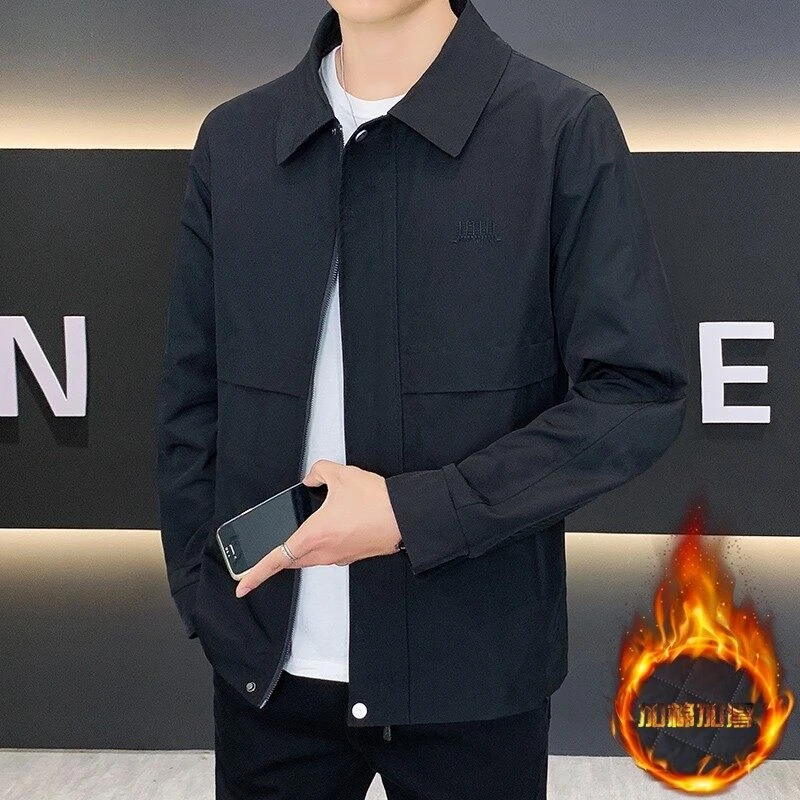 2025春季男士休闲翻领加棉加厚夹克衫青中年帅气百搭纯色外套6609