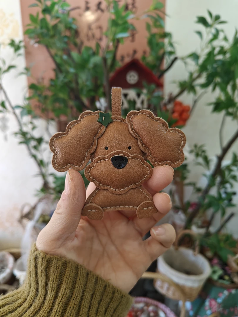 卡其色泰迪狗法羊皮手工缝制包小挂件挂件钥匙扣可爱礼物纯皮真皮