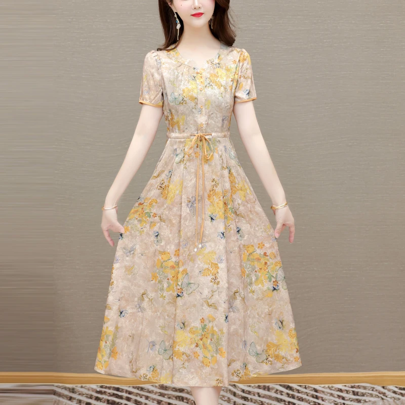 【欧赛雅文】夏季新款洋气印花连衣裙女2025时尚圆领短袖系带裙子