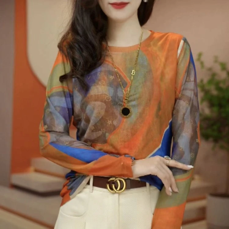 网红爆款肌肤网纱打底衫2024春季新款时尚长袖圆领印花妈妈装上衣