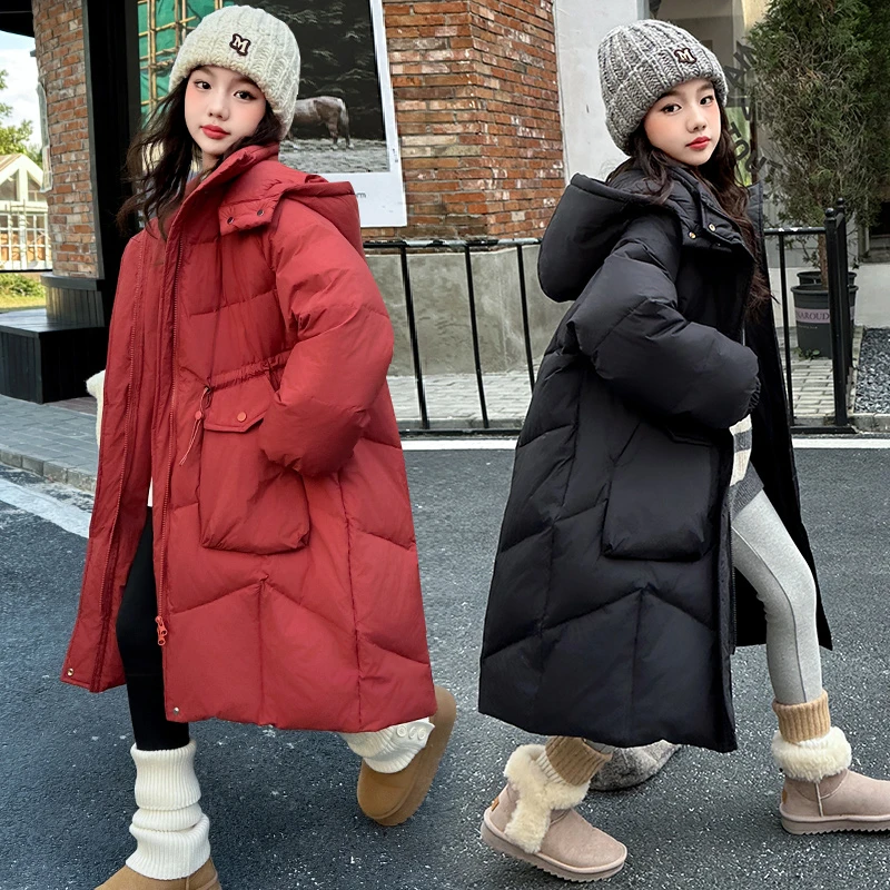 女童中长款过膝羽绒服2024新款中大童初中生洋气韩版儿童冬装外套