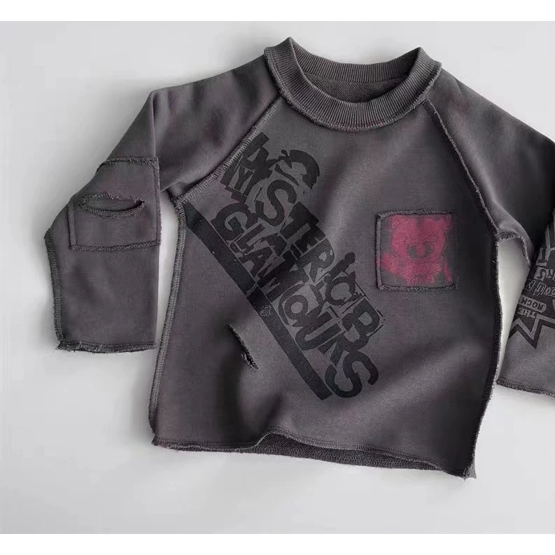 6015【复古风范】印花儿童长袖时尚中小童打底宝宝灰色卫衣