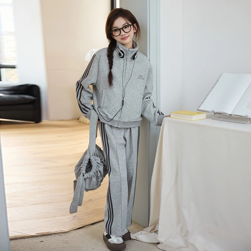 春秋拉链纯色套装B类韩版女时尚秋冬连帽秋季卫衣E51G909002