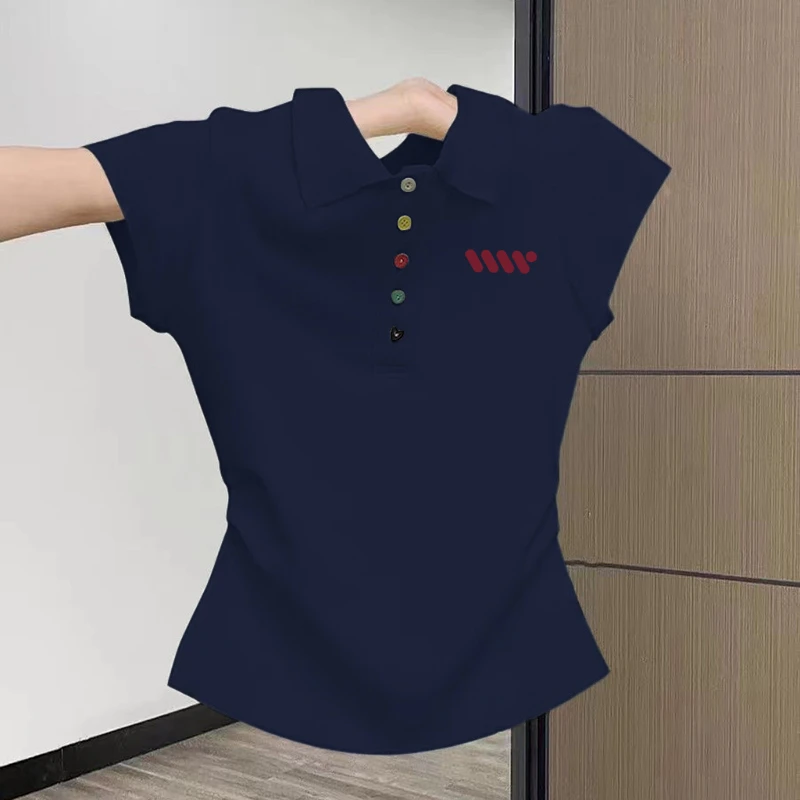 夏季2025新款藏青色Polo翻领修身短袖T恤别致设计彩色纽扣显瘦
