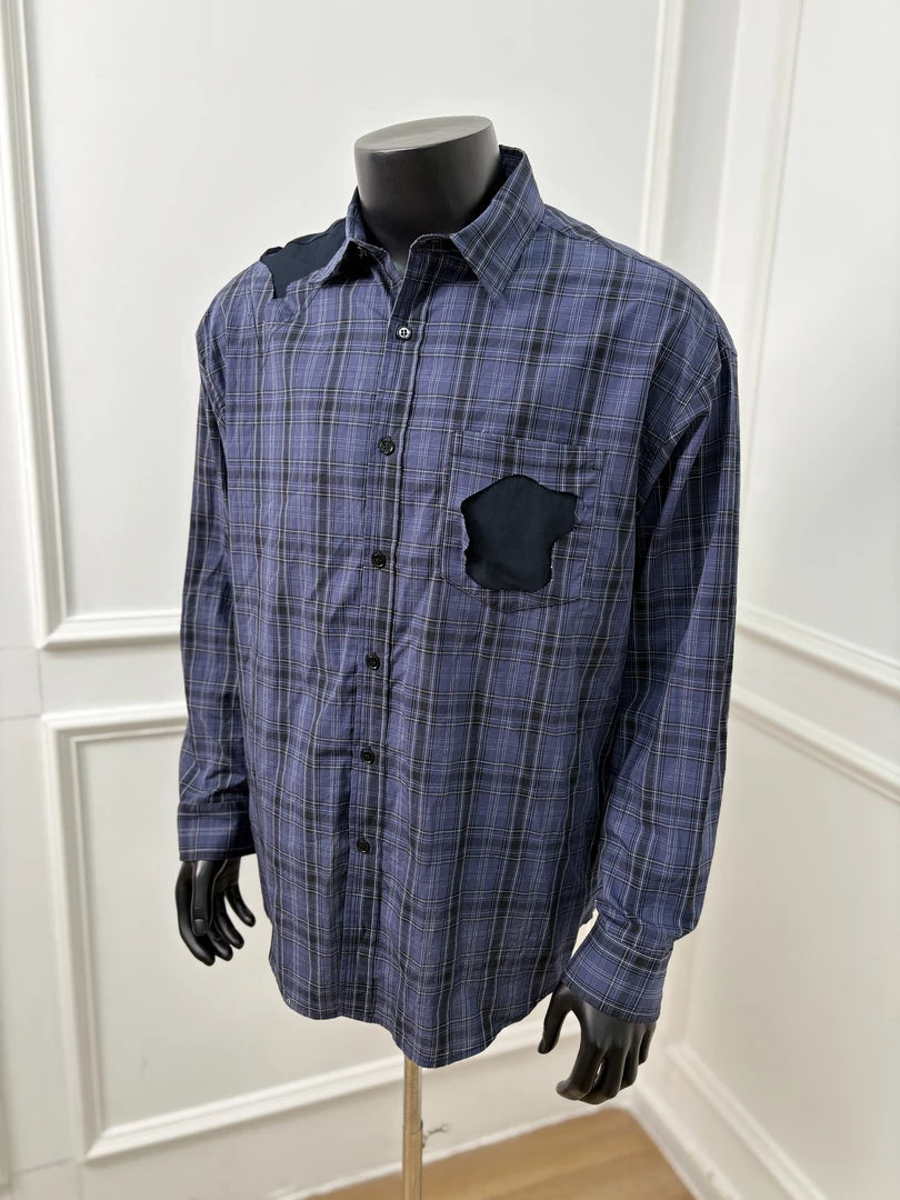 【直播大促专用】男士渐蓝色衬衫时尚休闲格纹长款衬衣HC601