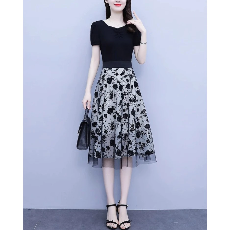 假两件裙夏季新款大码女装气质短袖拼接网纱印花连衣裙