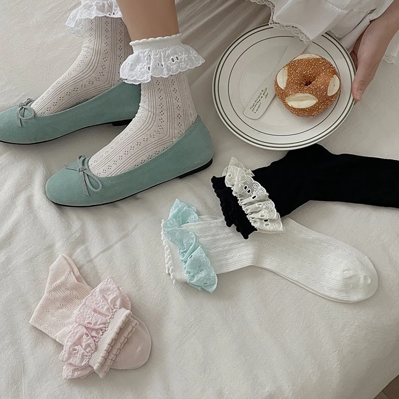 Lolita白色仙女蝴蝶机公主袜夏季薄款中筒袜日系纯色蕾丝花边jk袜