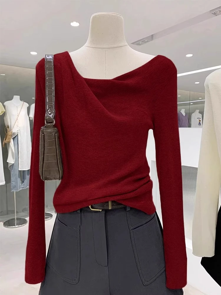 小个子不规则荡领针织衫上衣修身毛衣打底衫女秋季内搭可外穿