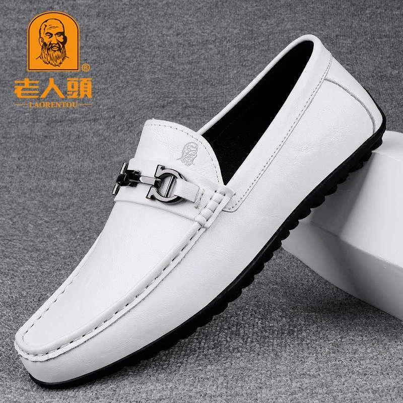 老人头皮鞋男真皮透气英伦百搭夏季豆豆鞋软皮软底驾车白色小