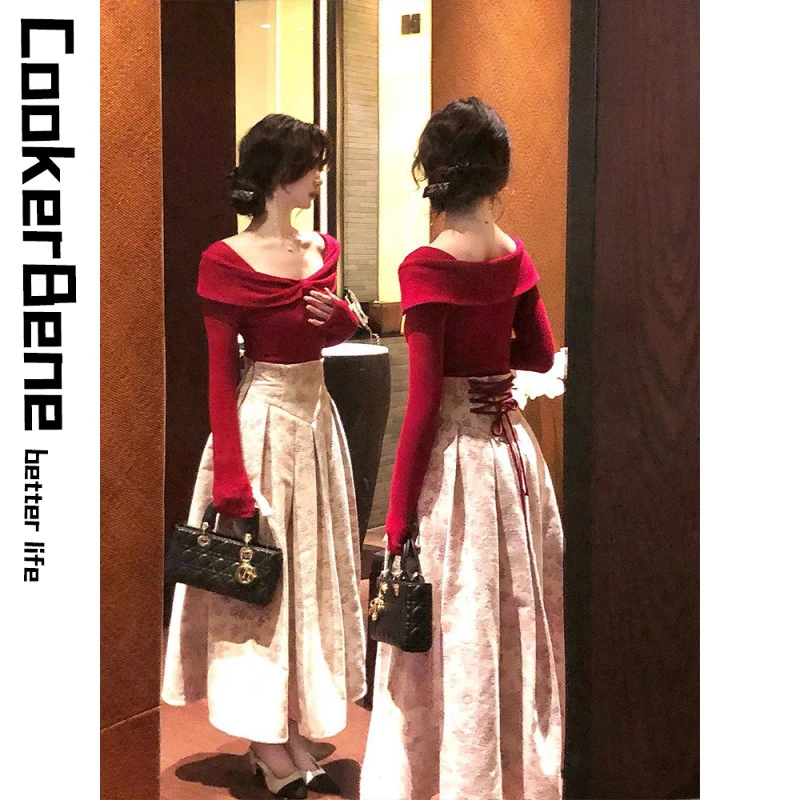 入冬漂亮衣服千金风复古修身红色针织上衣腰封设计绑带高腰半身裙