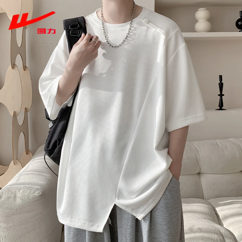 回力凉感冰丝短袖T恤夏季潮牌宽松大码男装五分袖2025新款男士t恤