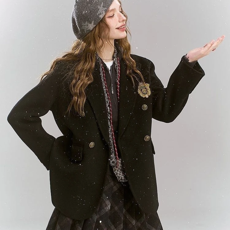 冬季黑色短款西装高支澳毛双面呢大衣外套秋冬时尚上衣