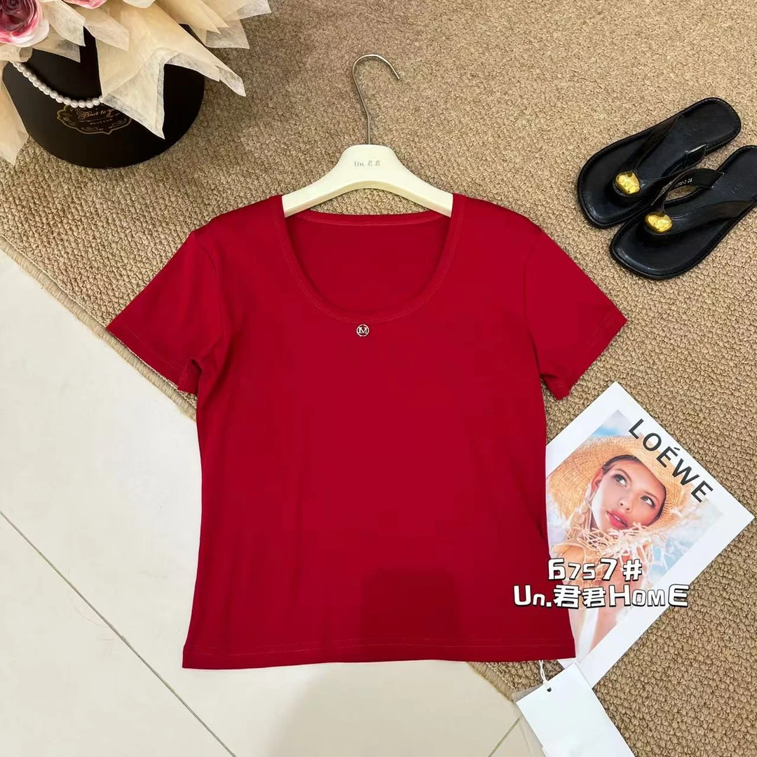 君君家【小铁牌】6746夏季U领后背印花领口小铁牌百搭短袖上衣