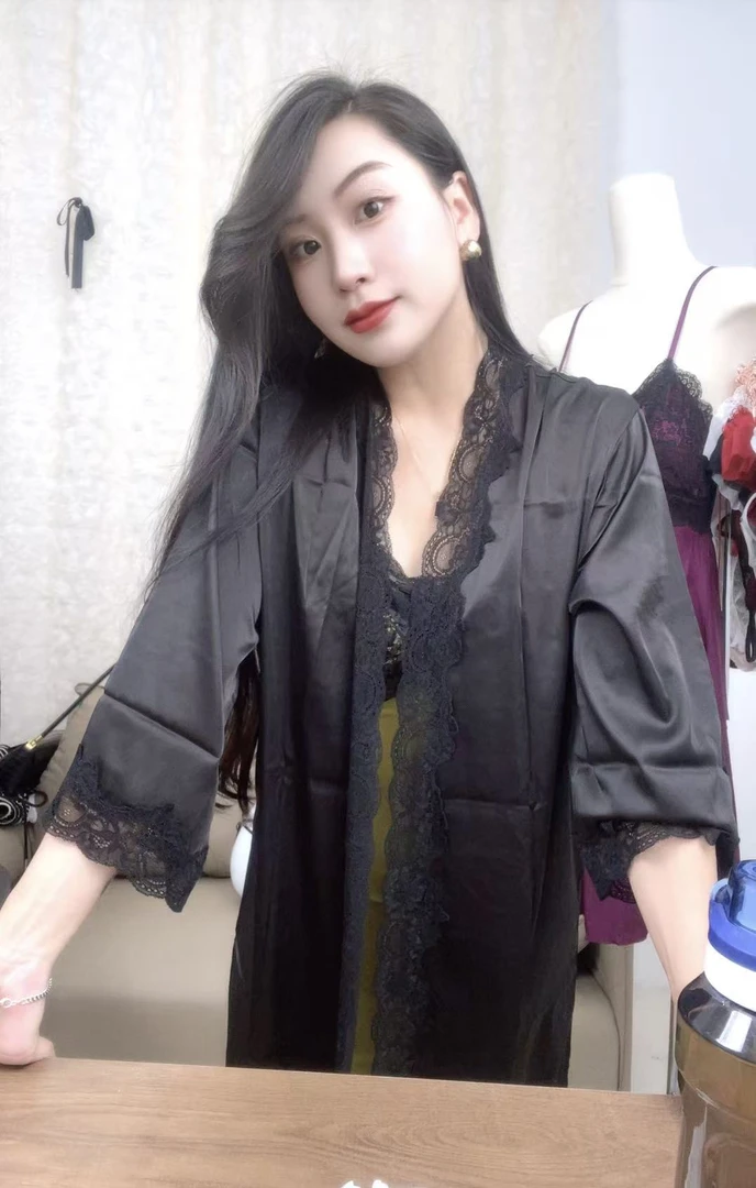 夏季女短袖中式薄款通用蕾丝黑色睡袍长袖家居服纯色