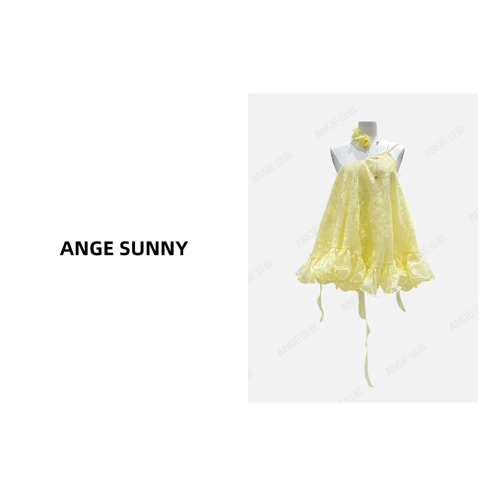 ANGE SUNNY【赵露思同款 吊带蓬蓬裙】超短款露背荷叶边连衣裙