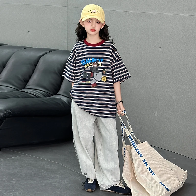 女童夏季2025年新款条纹短袖套装中大童宽松韩版洋气T恤儿童上衣
