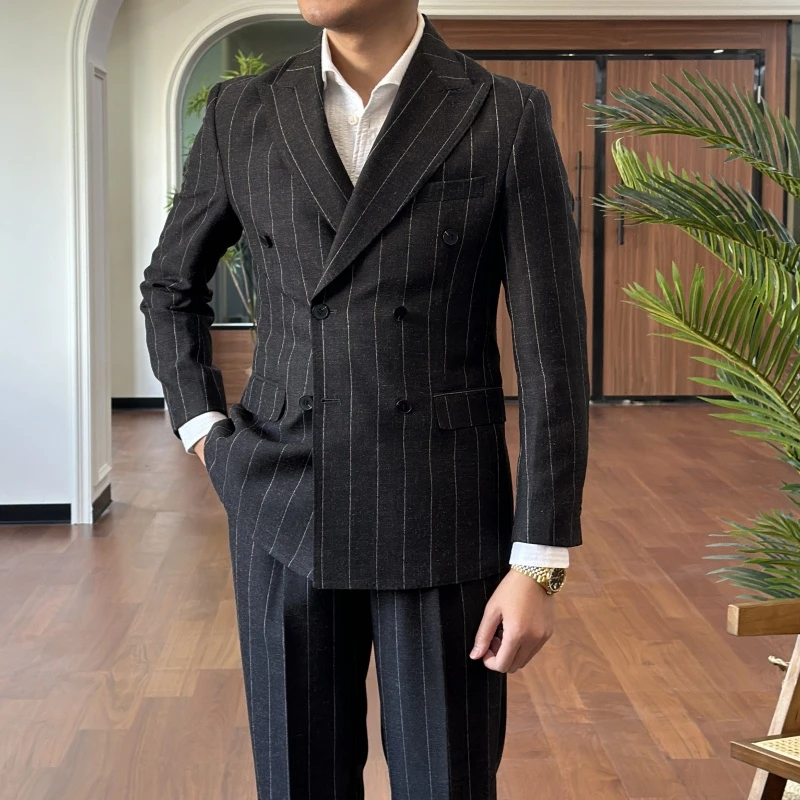 复古伦仕春夏新款戗驳领条纹西装上衣男士商务休闲高级感西服套装