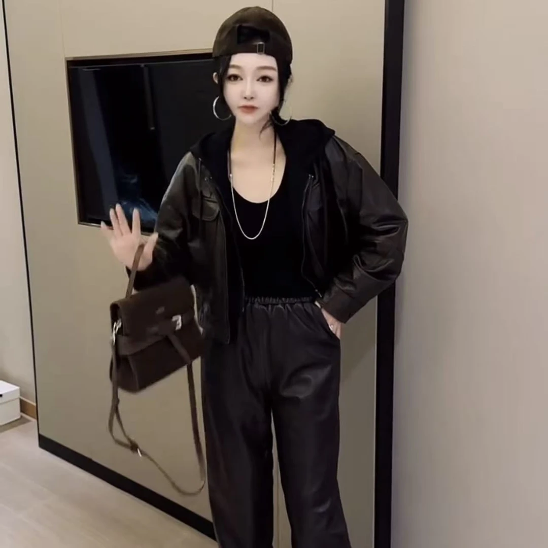 《刘夫人推荐》真皮皮衣2025新款短款拼接连帽宽松显瘦绵羊皮外套