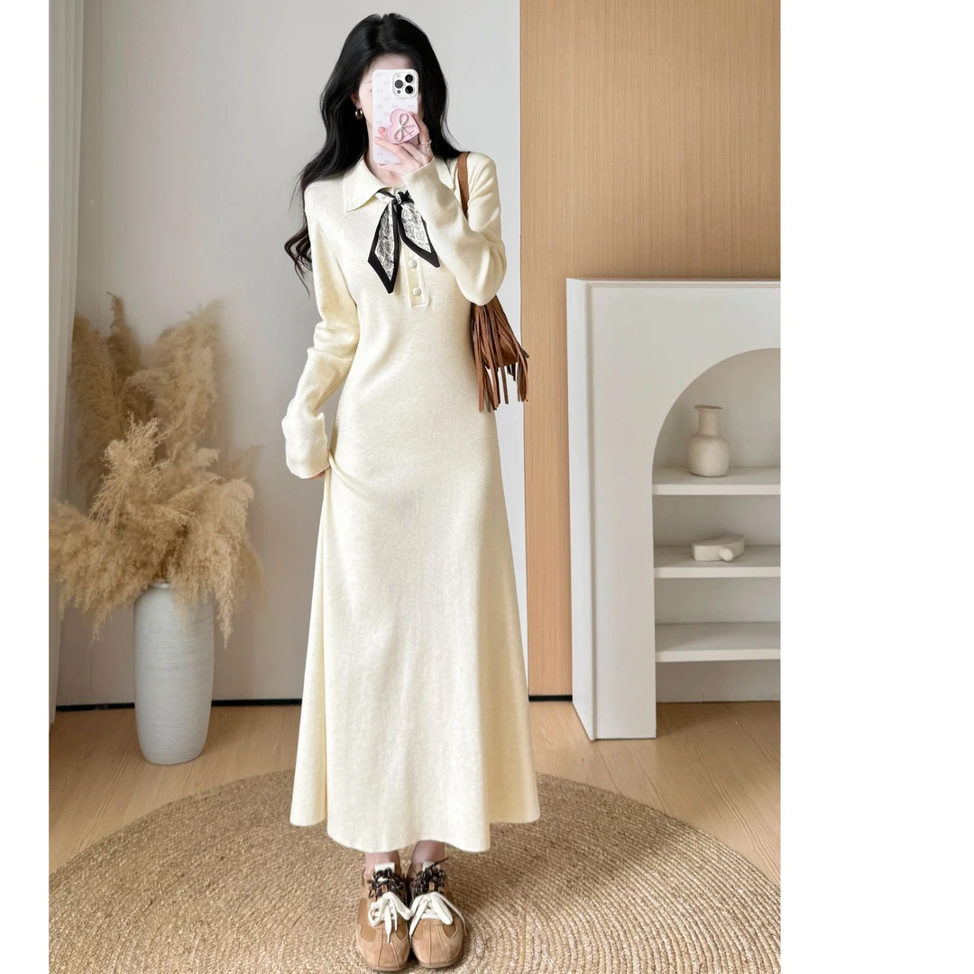 法式气质长袖针织连衣裙女2025新款秋冬高级感内搭显瘦配大衣长裙