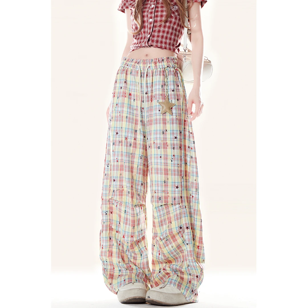 自然涩长裤直筒裤拼接格子免烫休闲裤高腰阔腿裤格纹夏季薄款