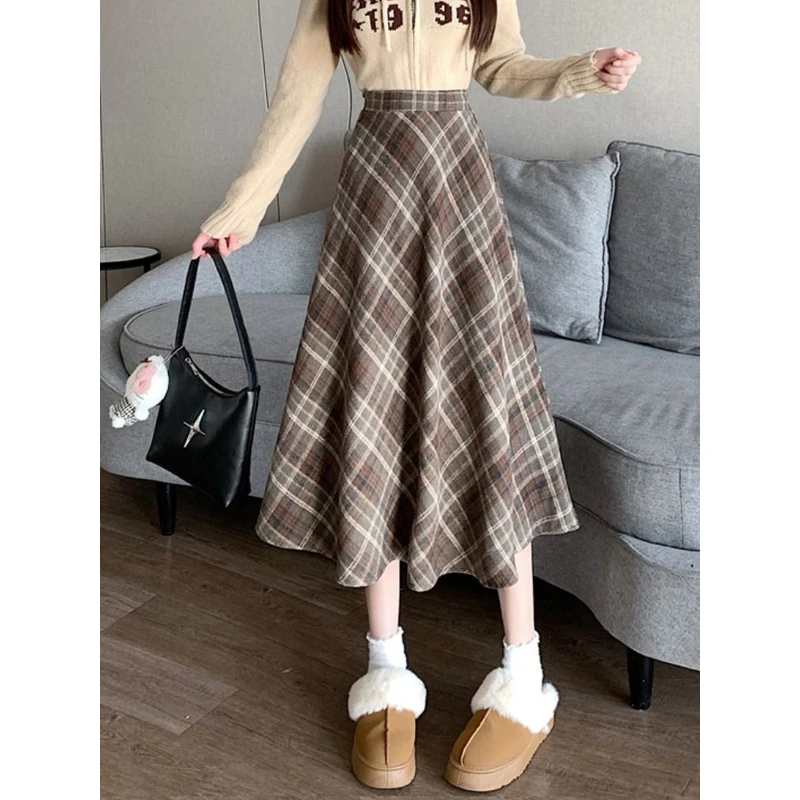 韩版chic复古格子毛呢半身裙女秋冬加绒A字中长裙小个子大摆伞裙