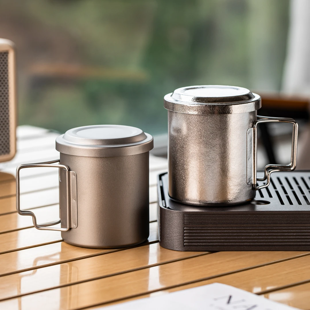 便携单层钛杯折叠纯钛水杯咖啡杯带盖户外旅行杯茶杯带内胆马克杯