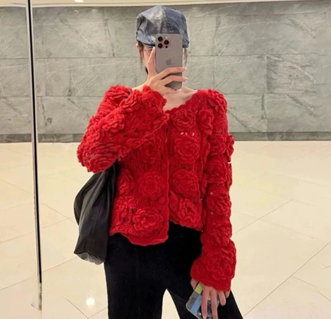 纯手工镂空立体玫瑰花朵开衫春秋外套