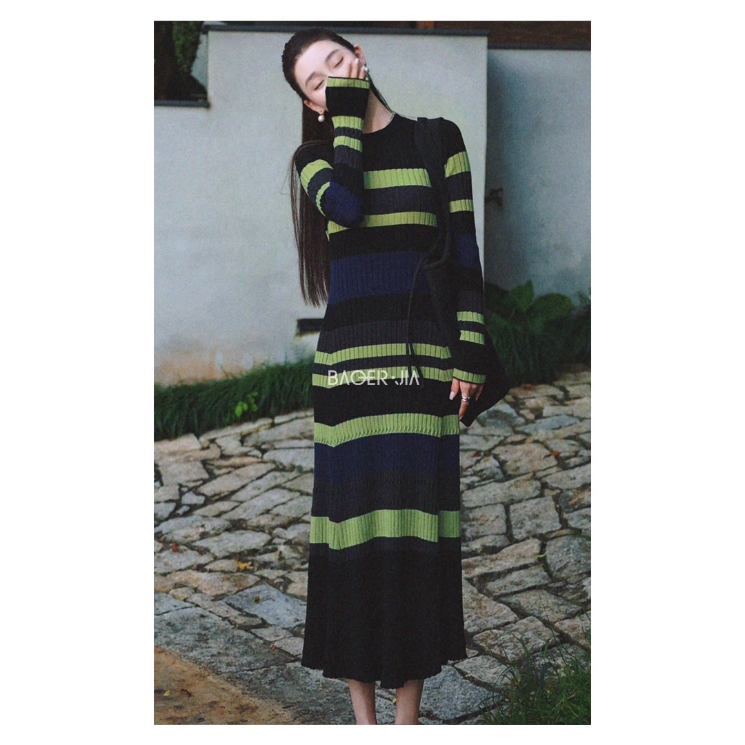 19-宝儿家含幂BE57525308早秋新款条纹舒适弹力100羊毛休闲连衣裙