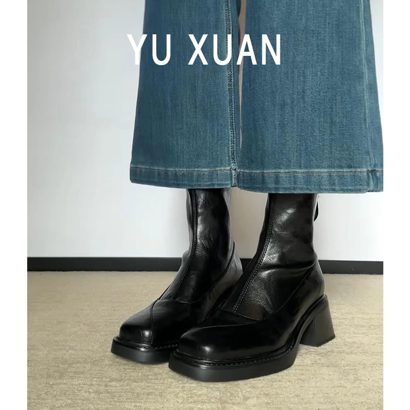 羊皮版！法式高跟复古马丁靴女加绒瘦瘦靴英伦风厚底靴子弹力靴