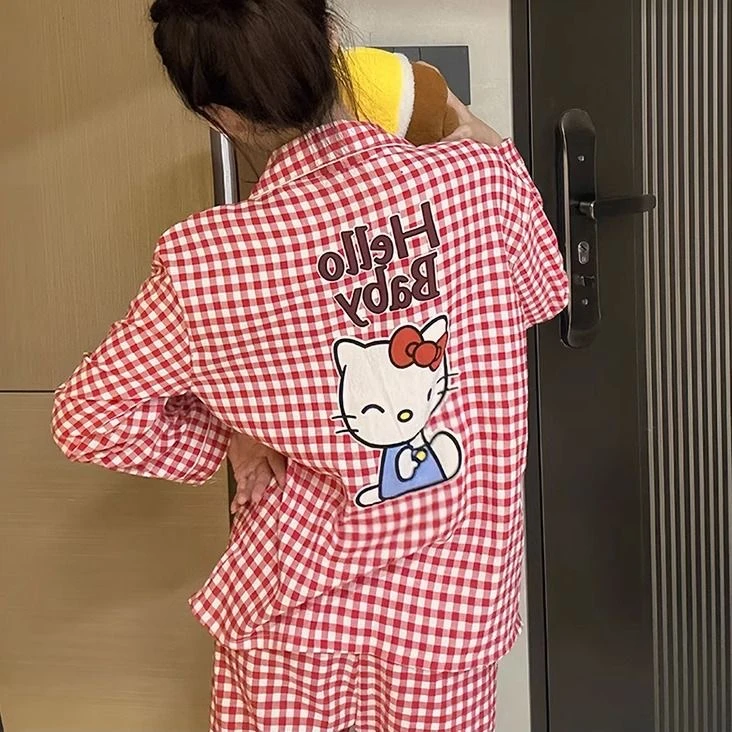 带胸垫春秋款休闲长袖长裤家居服格子KT猫宽松家居服睡衣两件套女