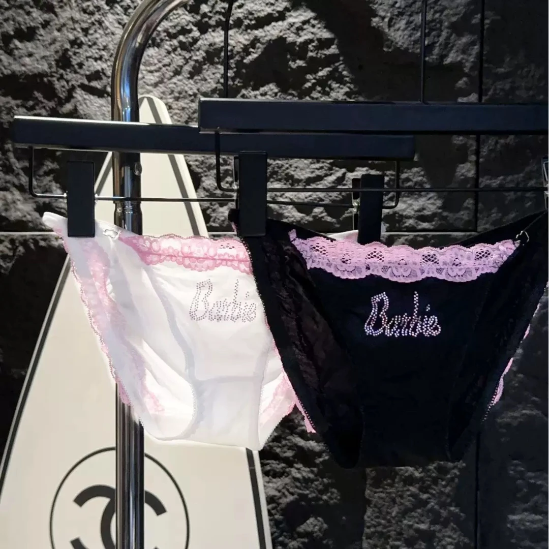 芭比少女冰丝黑粉搭配性感一条带水钻内裤蕾丝