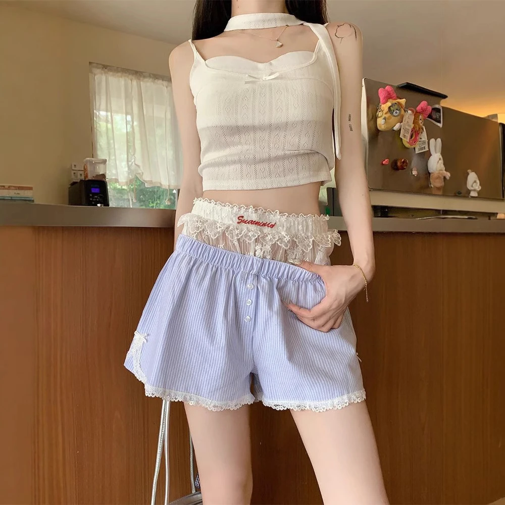 蓝色条纹短裤女夏季设计感抽绳高腰显瘦阔腿热裤+蕾丝绣花打底裤
